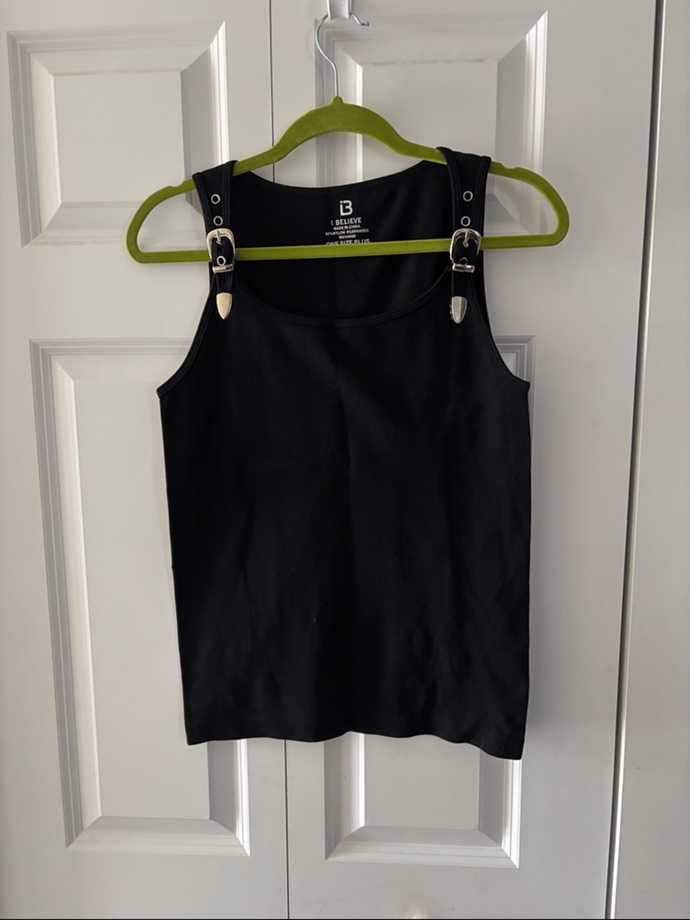 I Believe Black Tank Top with Silver Buckle Straps